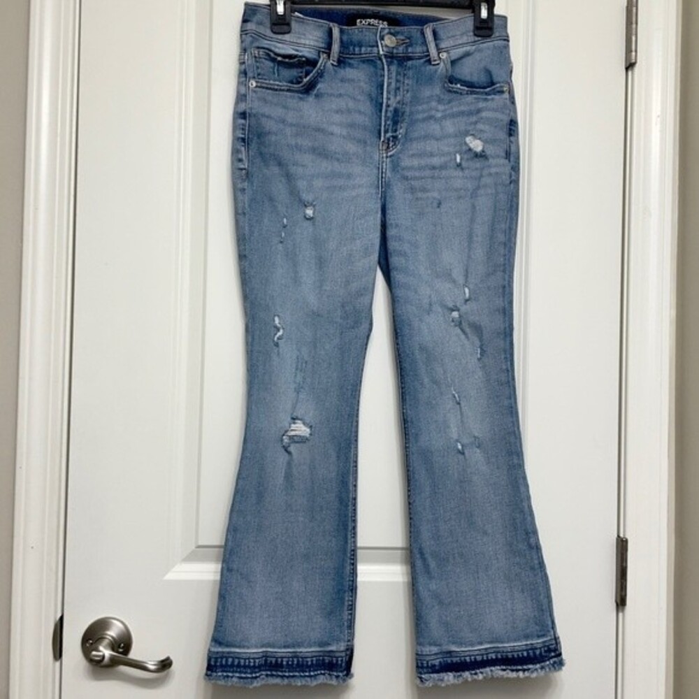 Express Distressed Cropped Bell Flare High Rise Jeans